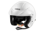 White Sparco racing helmet with black interior padding, designed for motorsport safety and performance.