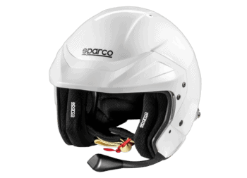 White Sparco racing helmet with black interior padding, designed for motorsport safety and performance.
