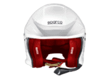 White Sparco racing helmet with red interior padding, designed for motorsport safety and performance.