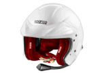 White Sparco racing helmet with red interior padding, designed for motorsport safety and performance.