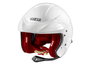 White Sparco racing helmet with red interior padding, designed for motorsport safety and performance.