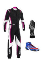 Grand Prix Racewear racing suit with gloves and shoes, designed for motorsport safety and performance, featuring black, pink, and white accents.