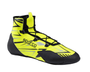High-visibility yellow and black racing shoe from Grand Prix Racewear, designed for motorsport safety and performance.