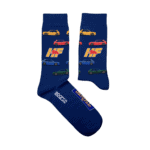 Blue racing socks with colourful car and Formula 1 logos, ideal for motorsport fans and racewear enthusiasts.