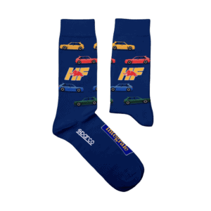 Blue racing socks with colourful car and Formula 1 logos, ideal for motorsport fans and racewear enthusiasts.