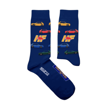 Blue racing socks with colourful car and Formula 1 logos, ideal for motorsport fans and racewear enthusiasts.