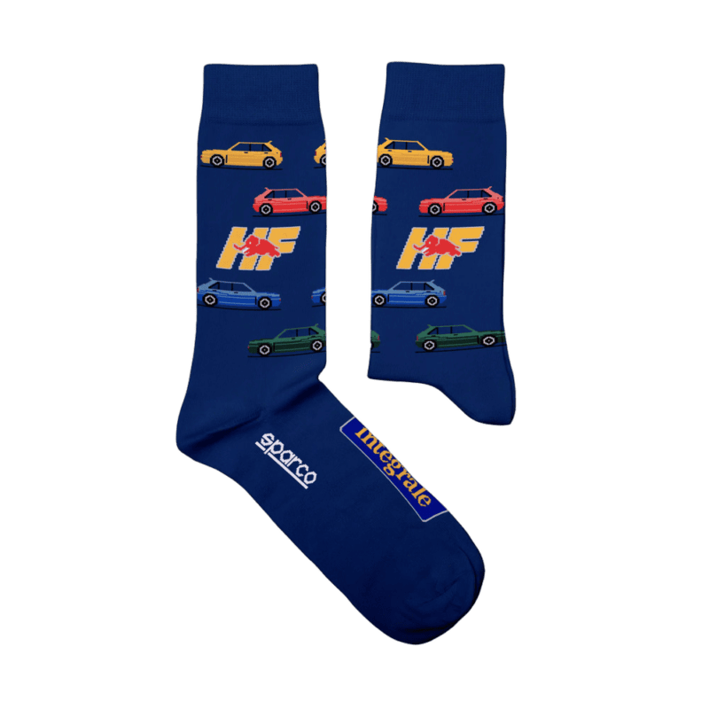 Blue racing socks with colourful car and Formula 1 logos, ideal for motorsport fans and racewear enthusiasts.