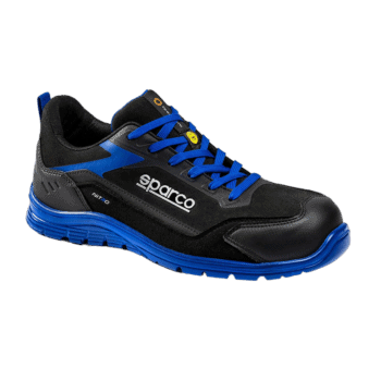 Black and blue Sparco racing shoe with blue laces, designed for motorsport safety and performance.