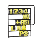 Motorsport fuel and lap timer display with yellow and black numbers and labels for racing events.