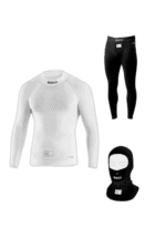 Grand Prix Racewear racing gear set including a white long-sleeve top, black racing pants, and a balaclava for motorsport safety and performance.