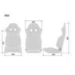 Technical diagram of Grand Prix Racewear racing seat with dimensions and ergonomic features for motorsport safety and comfort.