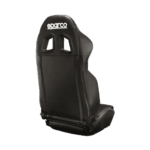 Black Sparco racing seat designed for motorsport safety and comfort, featuring high back support and harness openings.