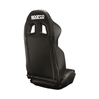 Black Sparco racing seat designed for motorsport safety and comfort, featuring high back support and harness openings.