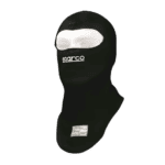 Black Sparco racing balaclava with white eye opening for motorsport safety gear.