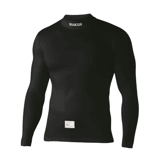 Black Sparco racing undershirt designed for motorsport drivers, featuring moisture-wicking fabric and a comfortable fit.
