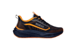 Sparco racing shoe in black and orange with breathable mesh and cushioned sole for motorsport safety and comfort.