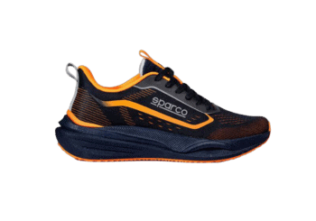 Sparco racing shoe in black and orange with breathable mesh and cushioned sole for motorsport safety and comfort.