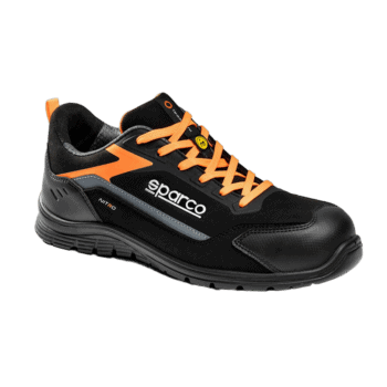Black and orange Sparco racing shoe with durable sole and laces, designed for motorsport safety and performance.