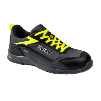 Sparco Nitro racing shoe in black with yellow laces and accents, designed for motorsport safety and performance.
