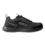 Black Sparco racing shoe with traction sole, designed for motorsport safety and performance.