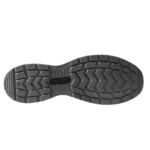 Close-up of a black safety shoe sole with durable tread pattern for racing and motorsport safety gear.