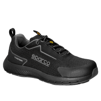 Black Sparco racing shoe designed for motorsport with traction sole and breathable mesh upper, ideal for racing drivers and enthusiasts.