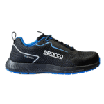 Black and blue Sparco racing shoe with traction sole, designed for motorsport safety and performance.
