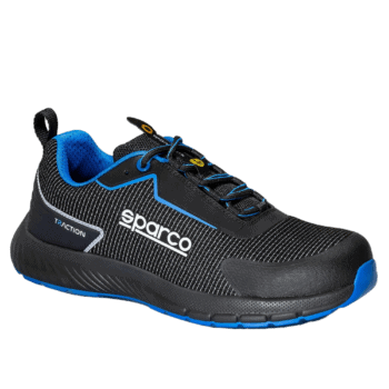 Black and blue Sparco racing shoe with traction sole, designed for motorsport safety and performance.