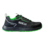 Black and green Sparco racing shoe with Traction sole, designed for motorsport safety and performance.