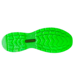 Close-up of a vibrant green racing shoe sole with detailed tread pattern for grip and performance.
