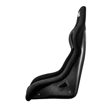 Black racing seat with carbon fibre finish, designed for motorsport safety and comfort, suitable for race cars and track days.