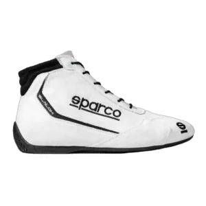 Sparco Slalom Race Boots in white with black accents, designed for motorsport safety and performance.