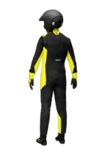 Grand Prix Racewear racing suit with black and yellow design, featuring a helmet, designed for motorsport safety and performance.