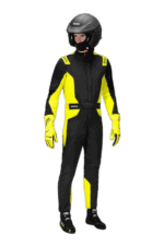 Race car driver in black and yellow racing suit with helmet and gloves, standing in a racing pose.