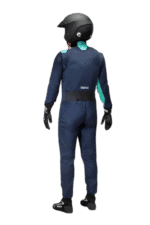 Professional racing driver in Grand Prix Racewear suit with helmet, back view, suitable for motorsport events.
