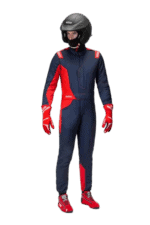 Race car driver in Grand Prix Racewear suit with helmet and gloves, ready for racing.