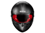 Sparco racing helmet with carbon fibre finish, red interior padding, and visor, designed for motorsport safety and performance.