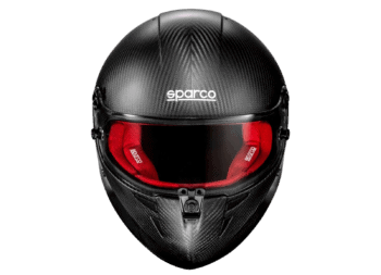 Sparco racing helmet with carbon fibre finish, red interior padding, and visor, designed for motorsport safety and performance.
