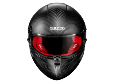Sparco racing helmet with carbon fibre finish, red interior padding, and visor, designed for motorsport safety and performance.