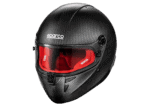 Sparco racing helmet with carbon fibre finish and red visor, designed for motorsport safety and performance.