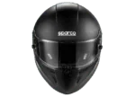 Black Sparco racing helmet with tinted visor, designed for motorsport safety and performance.