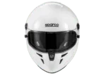 White Sparco racing helmet with black visor, designed for motorsport safety and performance.