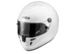 White racing helmet by Sparco with tinted visor, designed for motorsport safety and performance.