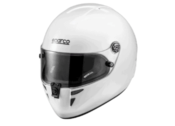White racing helmet by Sparco with tinted visor, designed for motorsport safety and performance.