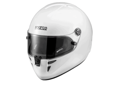 White racing helmet by Sparco with tinted visor, designed for motorsport safety and performance.