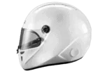 White full-face racing helmet with clear visor, designed for motorsport safety and protection.