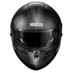 Black Sparco racing helmet with carbon fibre finish, designed for motorsport safety and performance.