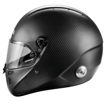 Black carbon fibre Grand Prix racing helmet with clear visor, designed for high-speed motorsport safety and performance.