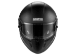 Black Sparco racing helmet with visor, designed for motorsport safety and performance.