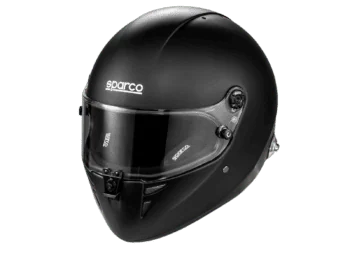 Black Sparco racing helmet with tinted visor, designed for motorsport safety and performance.